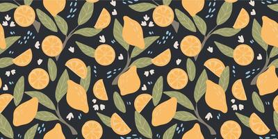 sommar tropisk sömlös mönster med färsk citroner och blommor. vektor citrus- frukt på svart bakgrund. modern exotisk blommig design för papper, omslag, tyg, interiör dekor