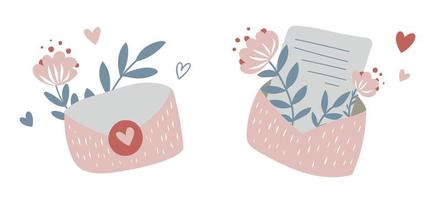 Briefumschlag per Post in rosa Farbe mit Blumen, für Botschaften der Liebe, Brüderlichkeit oder Freundschaft vektor