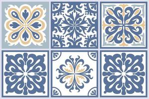 uppsättning av sömlös marockansk mosaik- bricka med färgrik lapptäcke. årgång blå portugal azulejo, mexikansk talavera, italiensk majolika prydnad, arabesk motiv eller spanska keramisk mosaik- vektor