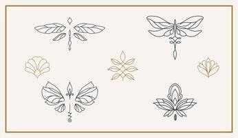 Lineare Vorlagenlogosymbole mit luxuriöser Libelle auf nacktem Hintergrund vektor