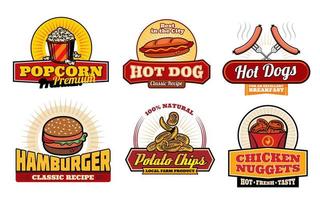 snabb mat retro märken med burger och varm hund vektor