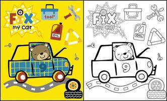 lustiger bärenkarikatur auf auto mit reparaturausrüstung, malbuch oder seite vektor
