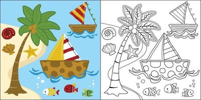 vektor tecknad serie av hand dragen segelbåt i de strand, strand element illustration, färg bok eller sida