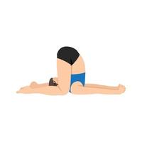 Ohrdruckhaltung einer jungen Frau, Halasana-Variation Knie zum Boden, Haltung eines tauben Mannes. Karnapidasana üben. flache vektorillustration lokalisiert auf weißem hintergrund vektor