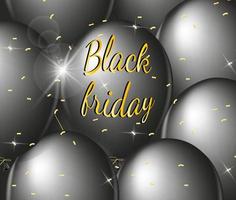 svart fredag super försäljning. guld text, konfetti och svart ballonger design mall vektor