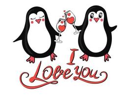 söt pingviner med vin glas och jag kärlek du text vektor