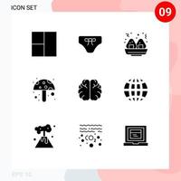 9 universelle solide Glyphen für Web- und mobile Anwendungen globales Wissen schnelle Hemisphäre Gehirn editierbare Vektordesign-Elemente vektor