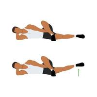 man håller på med liggande crossover ben hiss övning i 2 steg. illustration handla om träna diagram för muskler sträcka, ben, sak, höft. platt vektor illustration isolerat på vit bakgrund