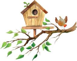 Aquarell handgezeichnetes Vogelhaus auf einem Ast mit einem Vogel, isoliert auf weißem Hintergrund. Design für Karten, Geschenktüten, Einladungen, Textilien, Druck, Tapeten, für Kinder vektor