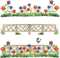Aquarell handgezeichnete Landschaft Holzzaun mit Gras, Blumen und einem Vogel, isoliert auf weißem Hintergrund. Designvorlage für Karten, Geschenktüten, Einladungen, Textilien, Druck, Tapeten, für Kinder vektor