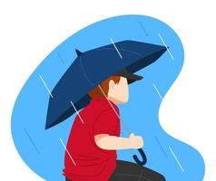 liten pojke i en hatt använder sig av ett paraply. regnig dag. sida se, halv kropp. väder, säsong, natur begrepp. vektor platt illustration.