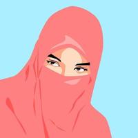 porträtt av en skön kvinna bär en hijab och en röd slöja. isolerat ljus blå bakgrund. avatar eller profil för social media. vektor platt illustration