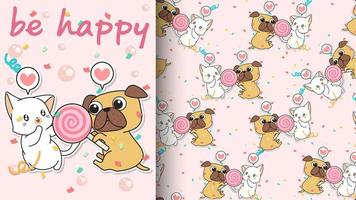 nahtlose kawaii Katze und Hund mit rosa Süßigkeitsmuster vektor