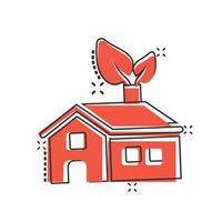 Ökologie-Home-Symbol im Comic-Stil. Haus mit Blatt Cartoon-Vektor-Illustration auf weißem Hintergrund isoliert. Botanisches Gebäude Spritzeffekt Zeichen Geschäftskonzept. vektor