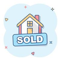 tecknad serie såld hus ikon i komisk stil. Hem illustration piktogram. försäljning tecken stänk företag begrepp. vektor