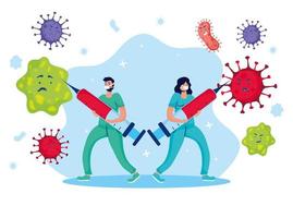 Ärzte bekämpfen Viren mit Impfstoff-Comicfiguren vektor