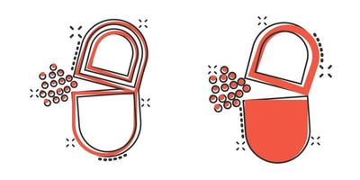 vitamin piller notera ikon i komisk stil. kapsel tecknad serie vektor illustration på vit isolerat bakgrund. antibiotikum stänk effekt tecken företag begrepp.