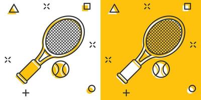 Tennisschläger-Ikone im Comic-Stil. Gaming-Schläger Cartoon-Vektor-Illustration auf isoliertem Hintergrund. Sport Aktivität Spritzeffekt Zeichen Geschäftskonzept. vektor