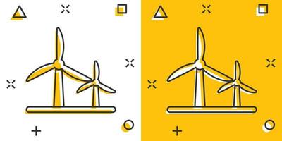 Windkraftwerk-Symbol im Comic-Stil. Turbinen-Cartoon-Vektorillustration auf weißem, isoliertem Hintergrund. Air Energy Splash Effekt Zeichen Geschäftskonzept. vektor