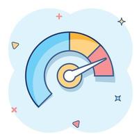 Zähler-Dashboard-Symbol im Comic-Stil. Kredit-Score-Indikator Ebene Vektor Cartoon Illustration Piktogramm. messgeräte mit maßstab geschäftskonzept splash effekt.