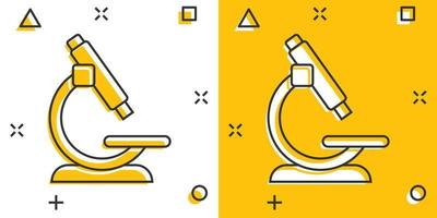 mikroskop ikon i komisk stil. laboratorium förstoringsglas tecknad serie vektor illustration på isolerat bakgrund. biologi instrument stänk effekt tecken företag begrepp.