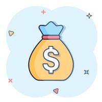 pengar väska ikon i komisk stil. moneybag tecknad serie vektor illustration på isolerat bakgrund. mynt säck stänk effekt tecken företag begrepp.
