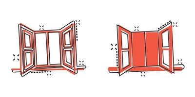 Fenstersymbol im Comic-Stil. Flügel Cartoon-Vektor-Illustration auf isoliertem Hintergrund. Haus Interieur Spritzeffekt Zeichen Geschäftskonzept. vektor