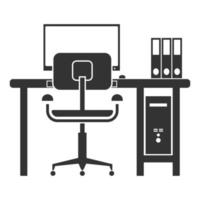 interiör av arbete skrivbord, dator, filer, stol bild grafisk ikon logotyp design abstrakt begrepp vektor stock. kan vara Begagnade som en symbol relaterad till interiör eller tech