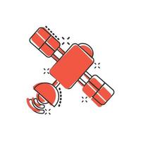 Satellitensymbol im Comic-Stil. Sputnik-Cartoon-Vektorillustration auf weißem, isoliertem Hintergrund. Raumtransport Spritzeffekt Zeichen Geschäftskonzept. vektor