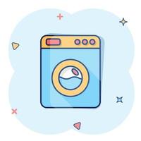 tvättning maskin ikon i komisk stil. bricka tecknad serie vektor illustration på vit isolerat bakgrund. tvätt stänk effekt företag begrepp.