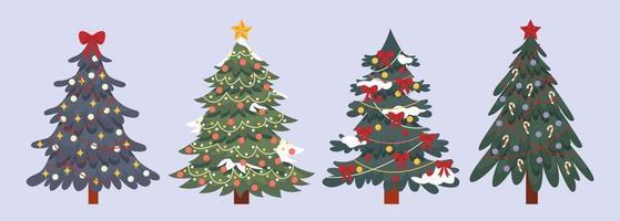 uppsättning av dekorerad jul gran, tall träd. färgrik retro xmas träd med godis, rosetter, girlander, snö, Glödlampa, stjärna. vinter- Semester symbol för design, hälsning kort, inbjudan, baner, webb. vektor