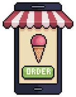 Pixel-Art-Handy-Bestellung von Eis in Food-App-Vektorsymbol für 8-Bit-Spiel auf weißem Hintergrund vektor