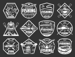 fiske sport svartvit ikoner för tackla Lagra vektor