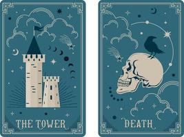 die turm- und todestarotkartenillustration wahrsagen okkulte mystische esoterik. himmlische Tarotkarten grundlegendes Hexentarot vektor