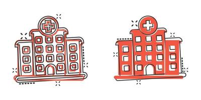Krankenhausgebäude-Ikone im Comic-Stil. Cartoon-Vektorillustration der medizinischen Klinik auf lokalisiertem Hintergrund. Medizin Spritzeffekt Zeichen Geschäftskonzept. vektor
