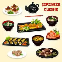 japanische küche sushi, fleisch- und meeresfrüchtegerichte vektor