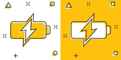 Batteriesymbol im Comic-Stil. Akkumulatorkarikatur-Vektorillustration auf weißem lokalisiertem Hintergrund. Geschäftskonzept mit Splash-Effekt für das Energieladegerät. vektor