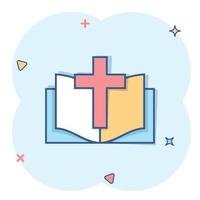 Bibelbuch-Symbol im Comic-Stil. Kirchenglauben Cartoon-Vektor-Illustration auf weißem Hintergrund isoliert. Geschäftskonzept mit Spritzeffekt für Spiritualität. vektor