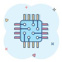 dator cpu ikon i komisk stil. krets styrelse tecknad serie vektor illustration på vit isolerat bakgrund. moderkort chip stänk effekt företag begrepp.