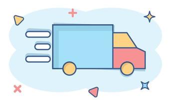 lastbil ikon i komisk stil. bil leverans tecknad serie vektor illustration på vit isolerat bakgrund. lastbil bil stänk effekt företag begrepp.