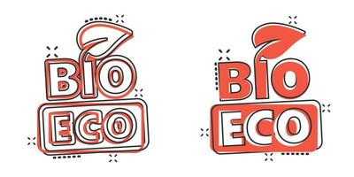 naturlig produkt ikon i komisk stil. bio, eco bricka tecknad serie vektor illustration på vit isolerat bakgrund. vegan emblem stänk effekt tecken företag begrepp.