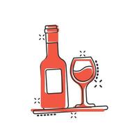 Weinglas und Flaschensymbol im Comic-Stil. Champagnergetränkkarikatur-Vektorillustration auf lokalisiertem Hintergrund. Cocktail-Getränk-Splash-Effekt-Zeichen-Geschäftskonzept. vektor