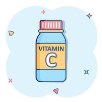 Vitamin C-Symbol im Comic-Stil. Flasche mit Pille Cartoon-Vektor-Illustration auf weißem Hintergrund isoliert. Apothekenzeichen Geschäftskonzept Splash-Effekt. vektor
