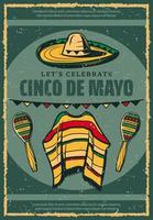 cinco de mayo mexikansk sombrero retro skiss affisch vektor