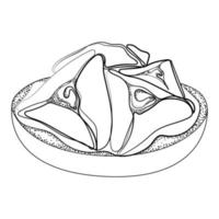 hamantaschen-kekse in der plattenstrichkunst, die vektorillustration zeichnet. traditionelle festlichkeiten für das jüdische fest von purim. schwarz-weiß-seketch mit hamantaschen-keksen-nachtisch vektor