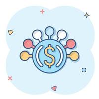 Geldeinnahmen-Symbol im Comic-Stil. Dollarmünze Cartoon-Vektor-Illustration auf weißem Hintergrund isoliert. Geschäftskonzept mit Splash-Effekt für Finanzstrukturen. vektor