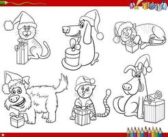 tecknad serie hundar och katter med jul gåvor uppsättning färg sida vektor