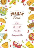 mexikansk snabb mat meny mall med söt mat i tecknad serie klotter stil. affisch för mat rättvis och fisteval vektor