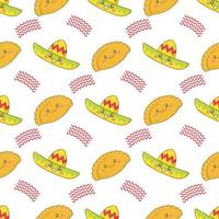 Nahtloses Muster mit mexikanischen Pastetchen Empanadas mit lustigen Gesichtern im Doodle-Cartoon-Stil isoliert auf weißem Hintergrund vektor