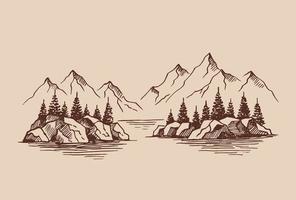 berg med tallar och sjölandskap. handritad illustration konverterad till vektor. vektor